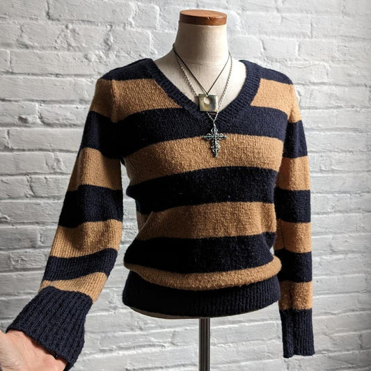 Y2K Vintage Neutral Wool Striped Chunky Knit Sweater Minimalist Boho Preppy Top