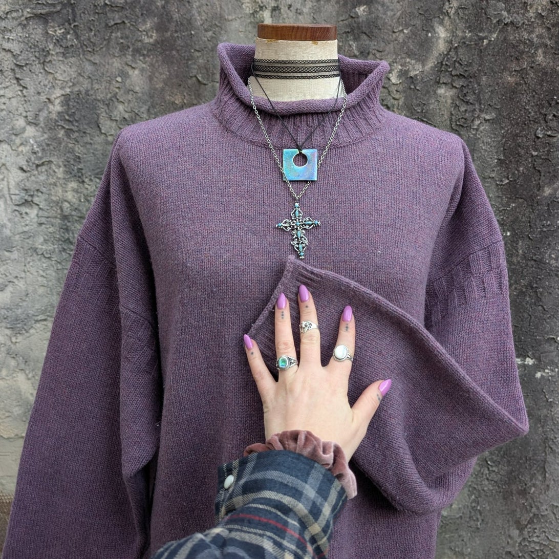 Vintage 100% Wool Knit Turtleneck Sweater XL Purple Oversize Boyfriend Sweater