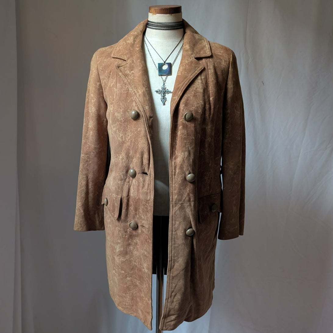 Vintage 70s Orange Brown Suede Leather Trench Coat S Western Boho Duster Jacket