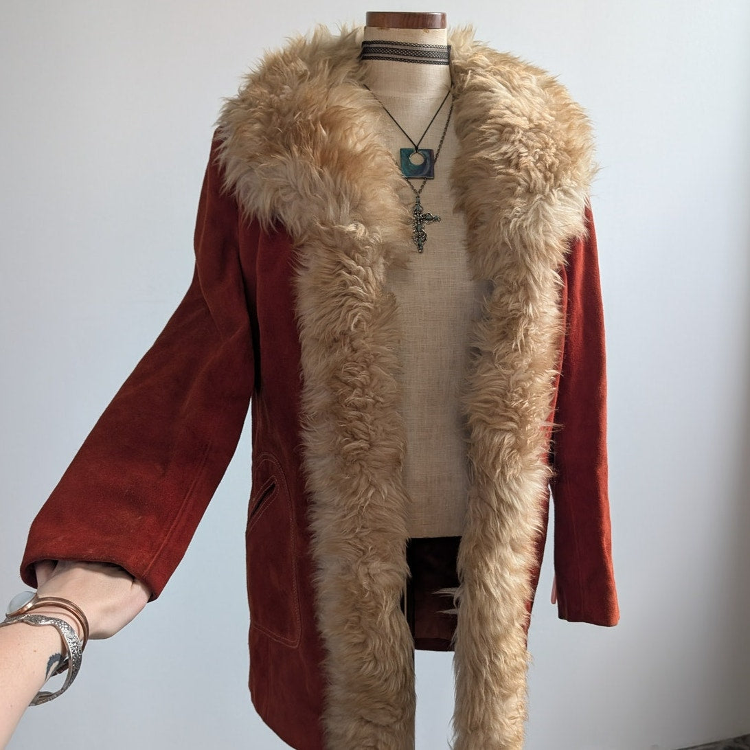 Vintage Red Suede Jacket Leather Penny Lane Coat Fur Trim 70s Trench Coat Medium