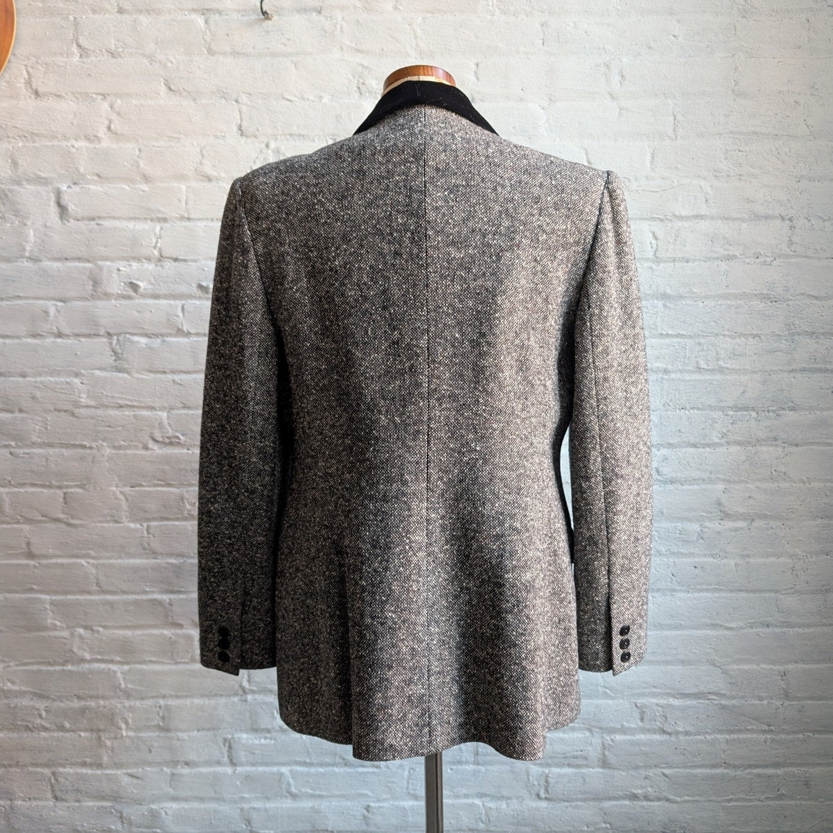 Vintage Gray Wool Blazer Tweed Herringbone Preppy Minimalist Velvet Jacket Large