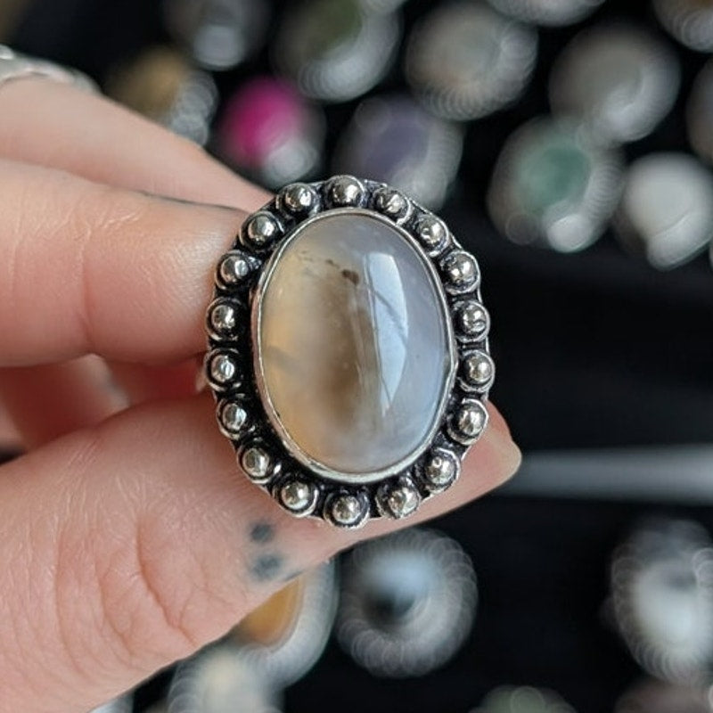 Milky Pearl Sterling Silver Ring Retro Vintage Boho Natural Stone Size 7.75