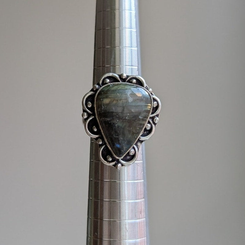 Grey Teardrop Sterling Silver Midi Ring Retro Vintage Boho Natural Stone Size4.5