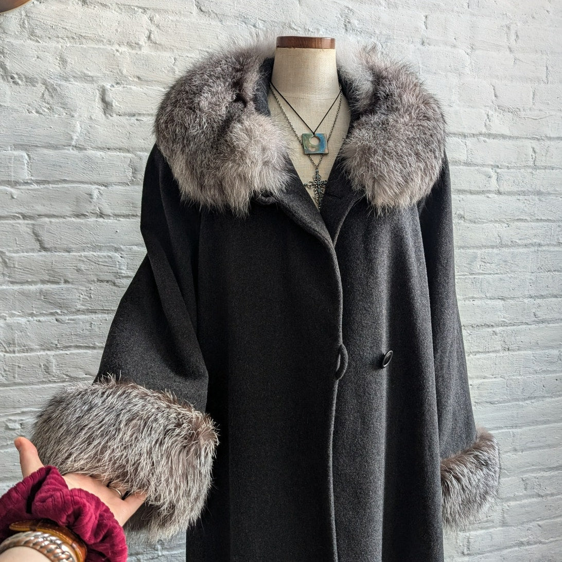 Vintage Gray Wool Fox Fur Penny Lane Coat Dark Academia Trench Afghan Jacket