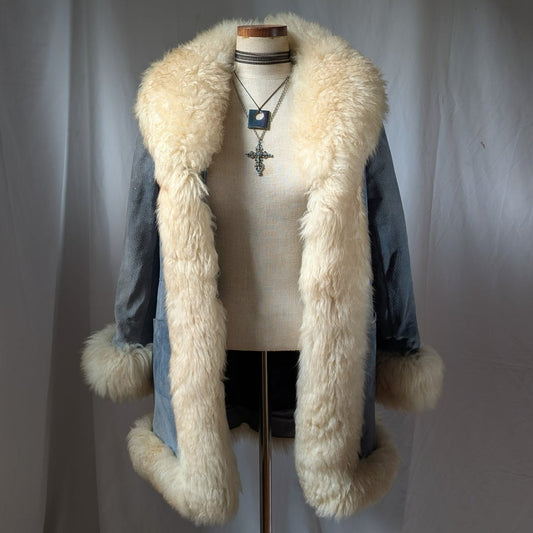 Vintage Blue Suede Afghan Coat S Penny Lane Jacket Fur Furry Leather Trench Coat