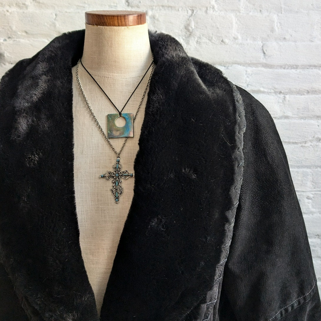 Vintage Black Suede Trench Coat Faux Fur Coat Minimalist Leather Jacket Large