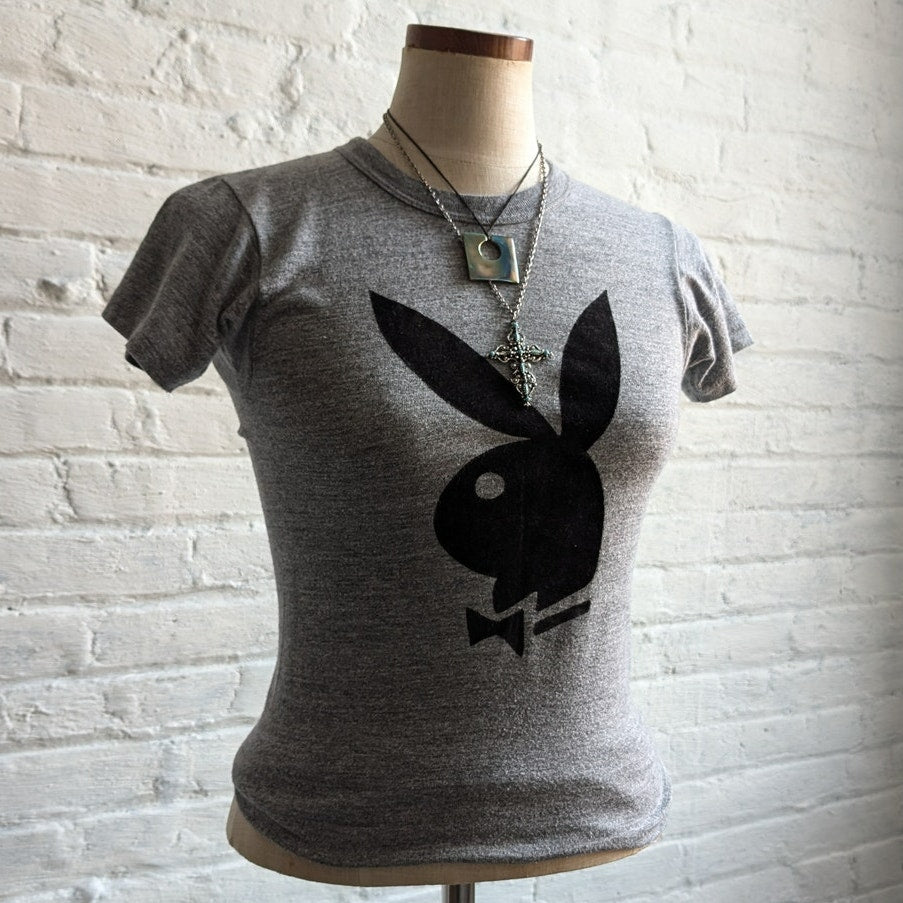 Vintage Velvet Playboy Tee Burnout Graphic Tee 70s Playboy Bunny Grey Top Small