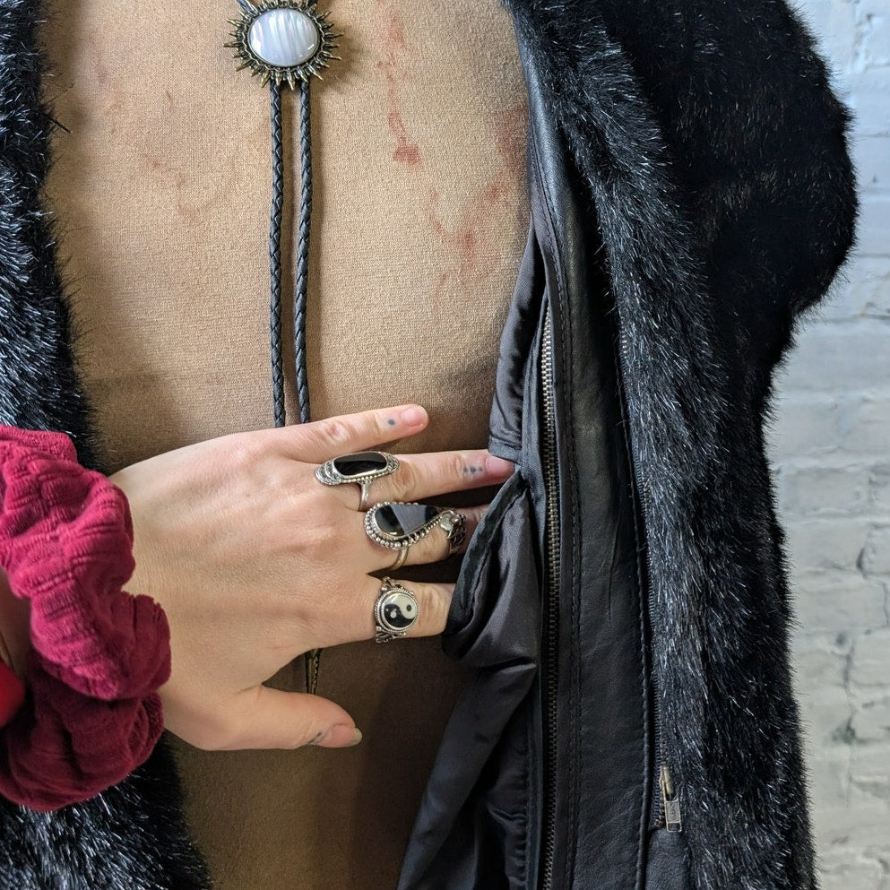 Vintage Black Leather Penny Lane Coat Faux Fur Trench Minimalist Goth Jacket