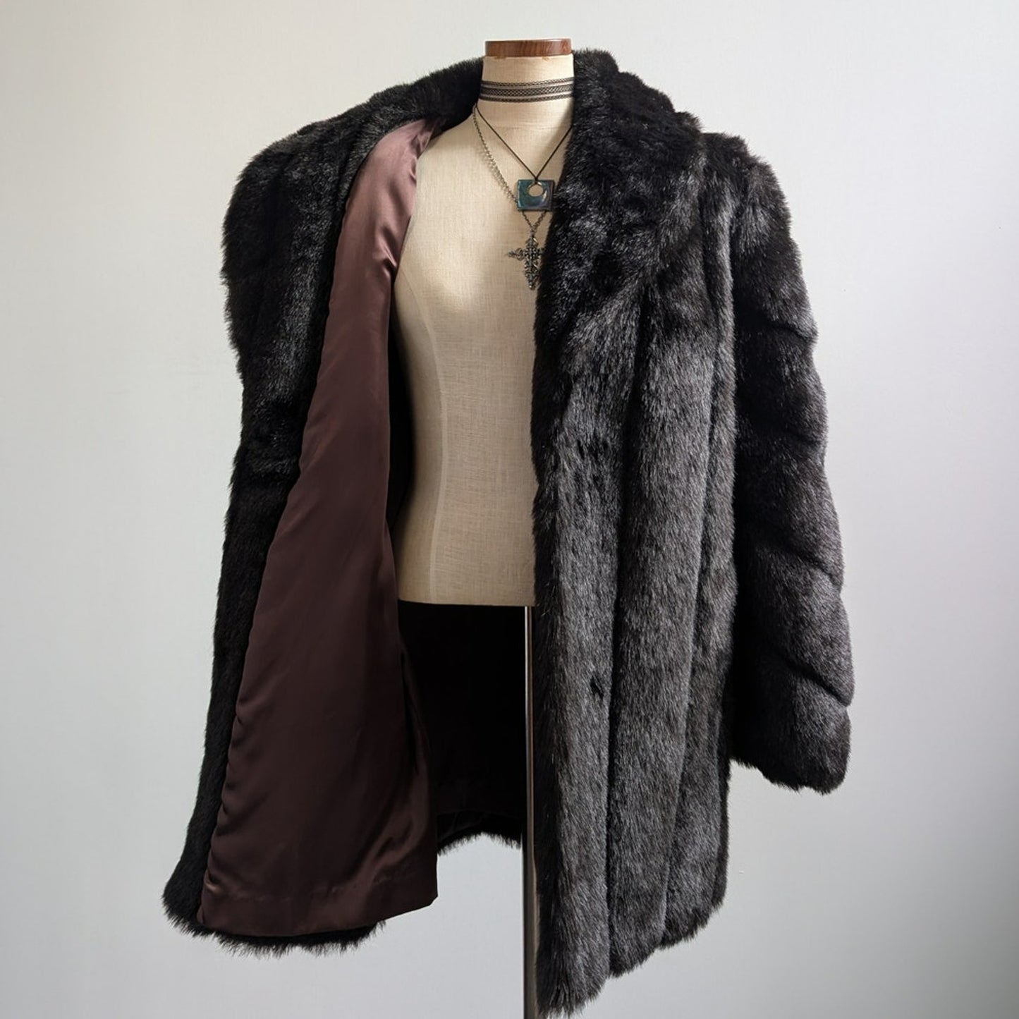 Vintage Black Faux Fur Coat Fur Trim Jacket Mob Wife Minimalist Goth Chic Medium