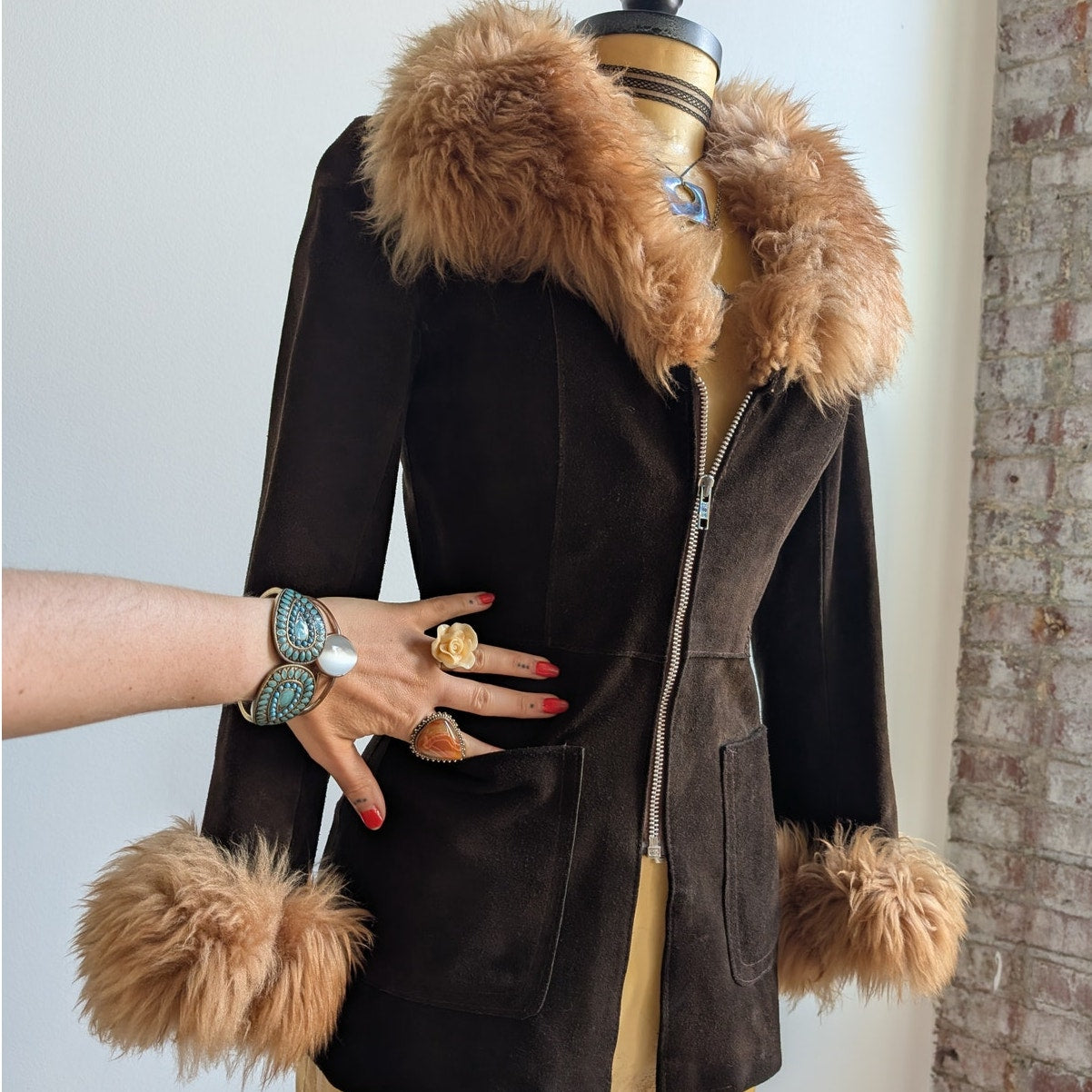 Vintage Brown Suede Penny Lane Jacket Groovy Furry 70s Leather Western Coat Smal