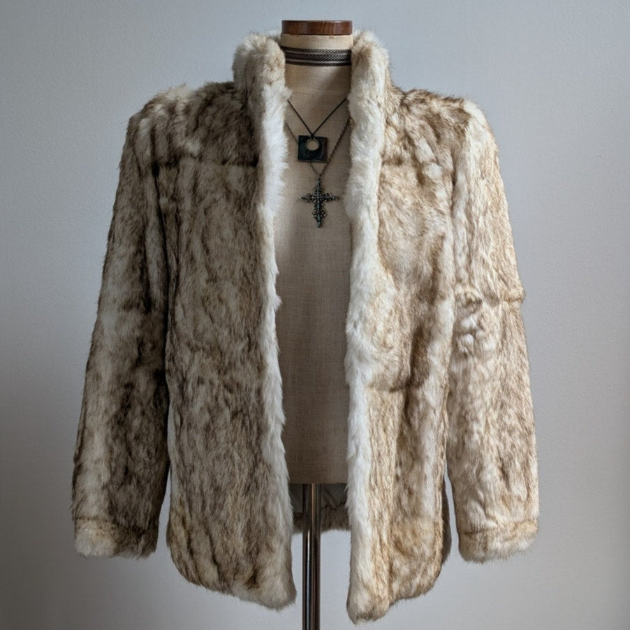 Vintage Neutral White Fur Coat Ombre Brown Genuine Rabbit Mobwife Furry Jacket