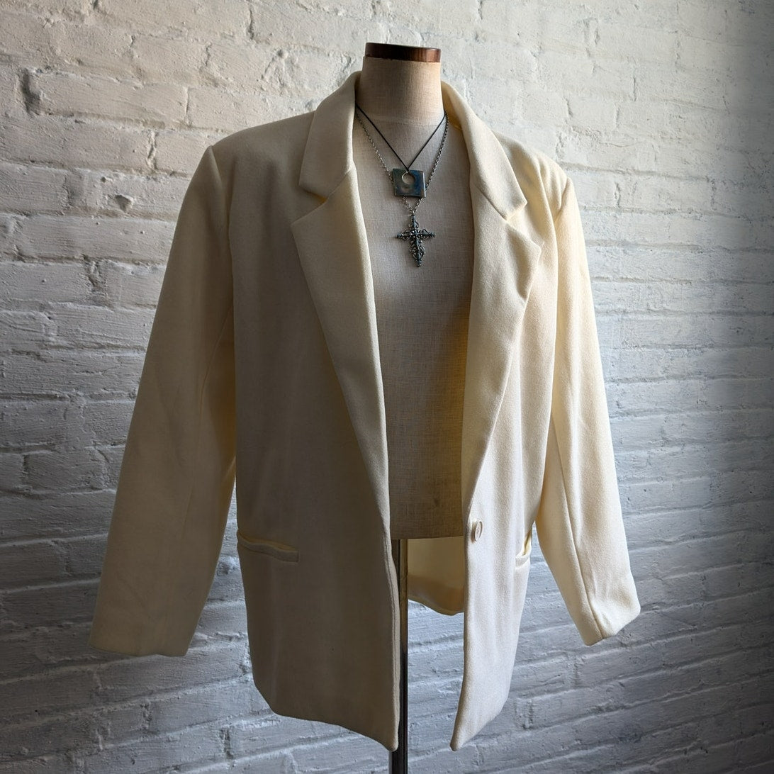 White Preppy Minimalist Blazer Neutral Oversize Light Jacket Boho Chic Medium