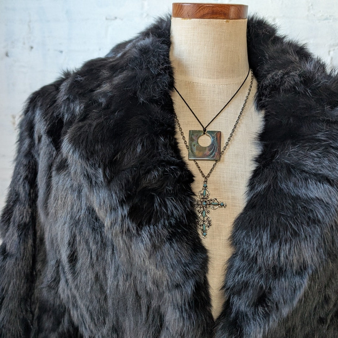 Vintage Jet Black Fur Coat Leather Belted Minimalist Rabbit Furry Fuzzy Jacket