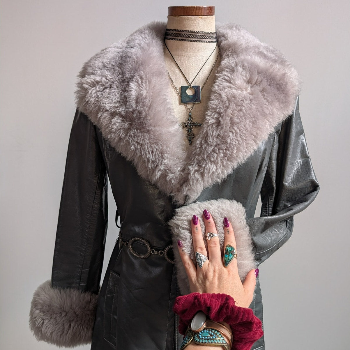 Vintage Blue Grey Leather Shearling Penny Lane Jacket Groovy Trench Coat Medium