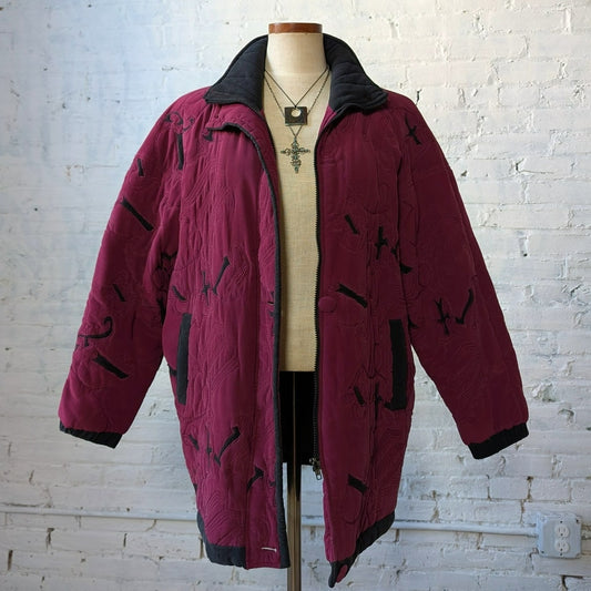 Vintage Purple Silk Jacket Embroidered Quilted Utility Boho Blanket Coat Small