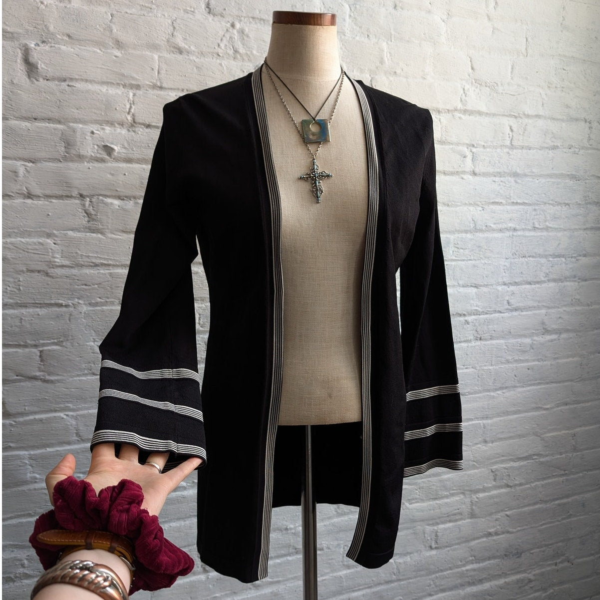 Vintage Black Stripe Knit Cardigan 70's Minimalist Groovy Mod Boho Sweater Small