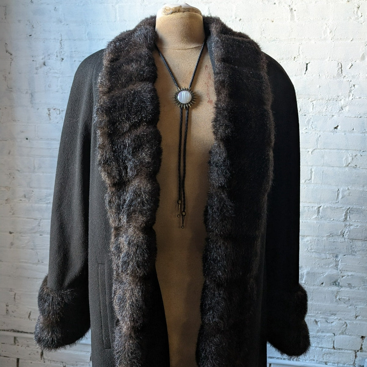 Vintage Black Wool Trench Coat Faux Fur Minimalist Penny Lane Grunge Goth Jacket