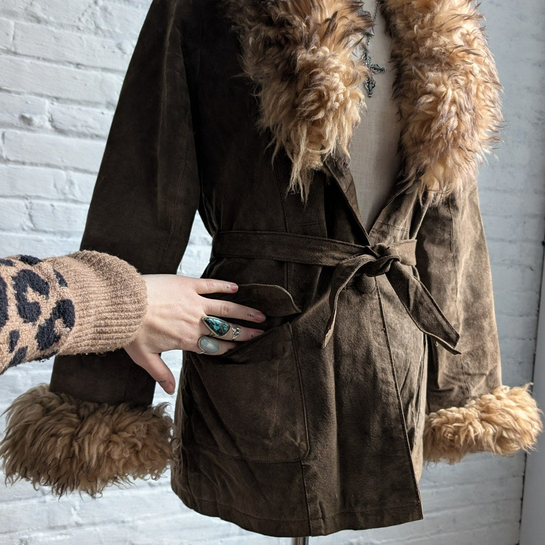 Vintage Brown Suede Penny Lane Jacket Fur Furry Leather Groovy Mod Trench Coat