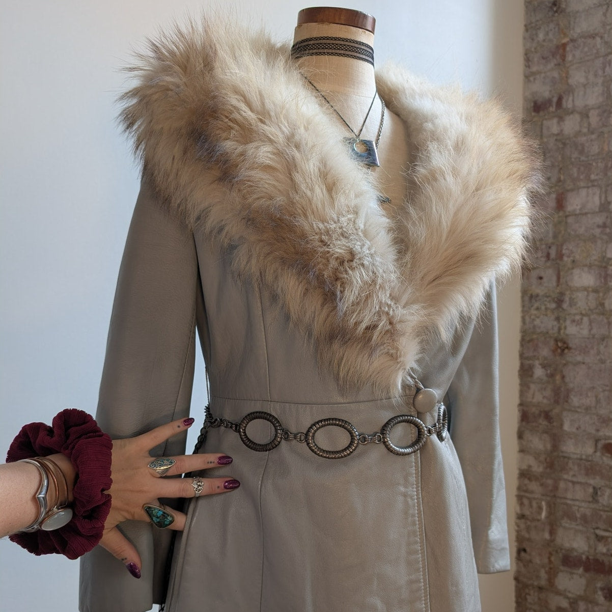 Vintage Leather Penny Lane Coat Grey Cream Fur Trim Trench Afghan Jacket Medium