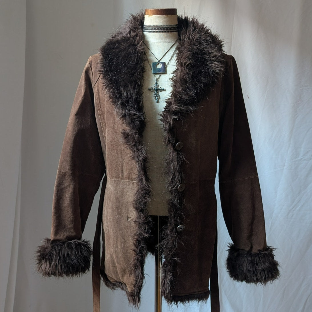 Y2K Vintage Brown Suede Penny Lane Coat M Faux Fur Leather Jacket Boho Afghan