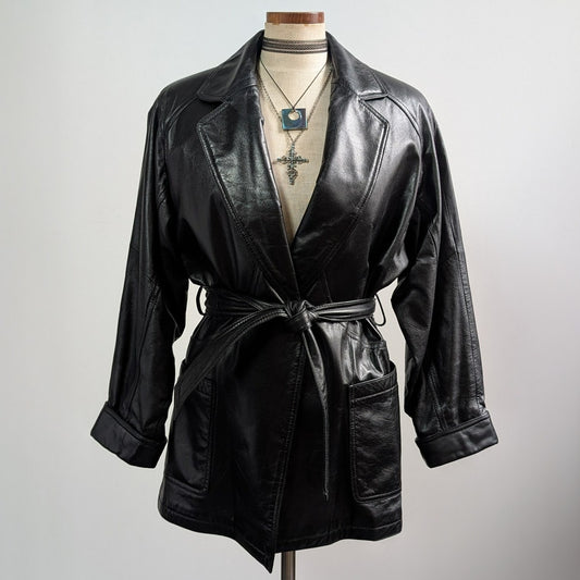 Vintage Black Leather Jacket Trench Coat Minimalist Goth Moto Biker Jacket Small