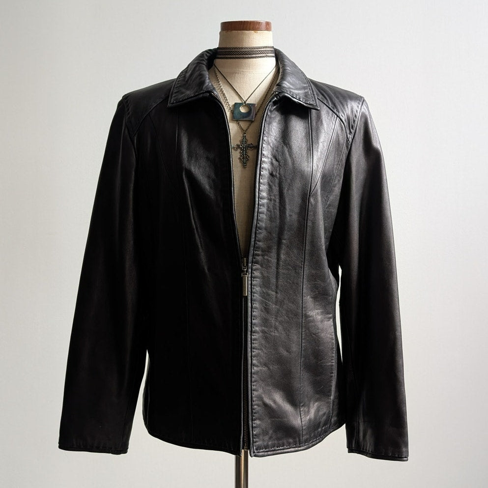 Y2K Vintage Black Leather Moto Jacket Lambskin Coat Minimalist Biker Goth Large