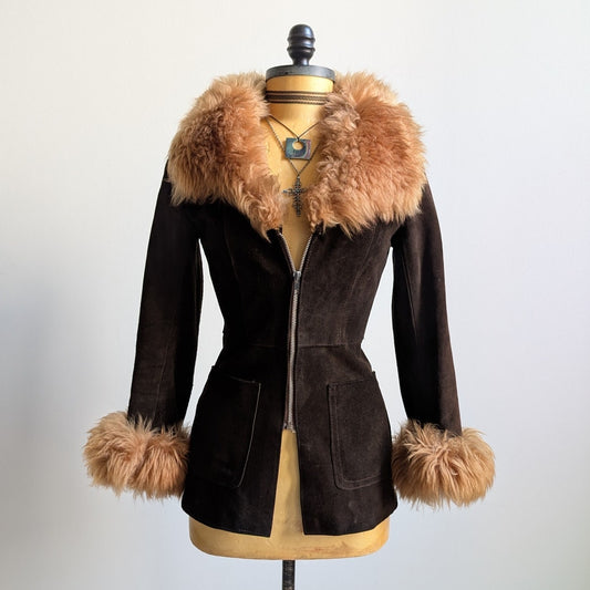 Vintage Brown Suede Penny Lane Jacket Groovy Furry 70s Leather Western Coat Smal