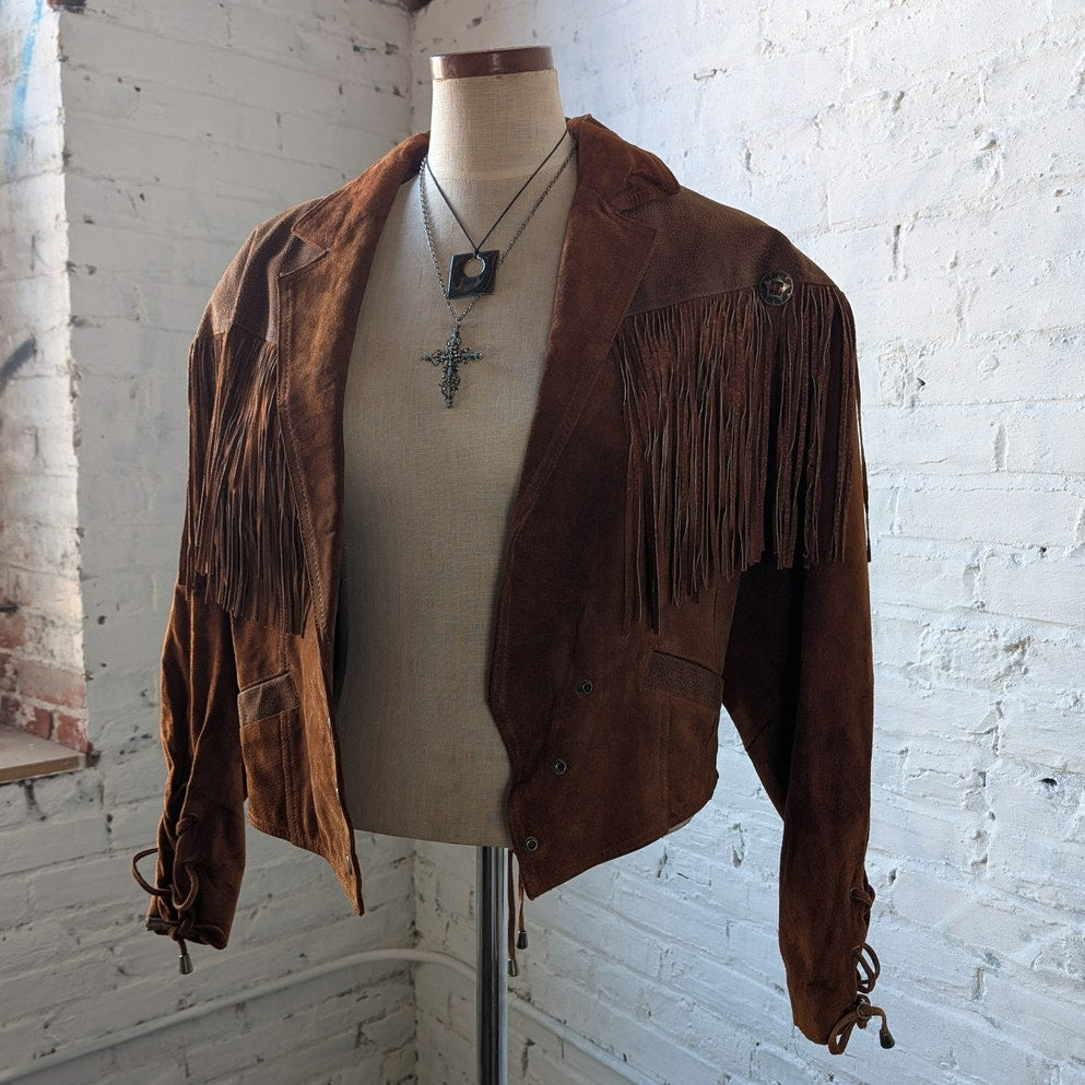 Vintage Rust Orange Brown Suede Leather Jacket Fringe Biker Western Moto Coat