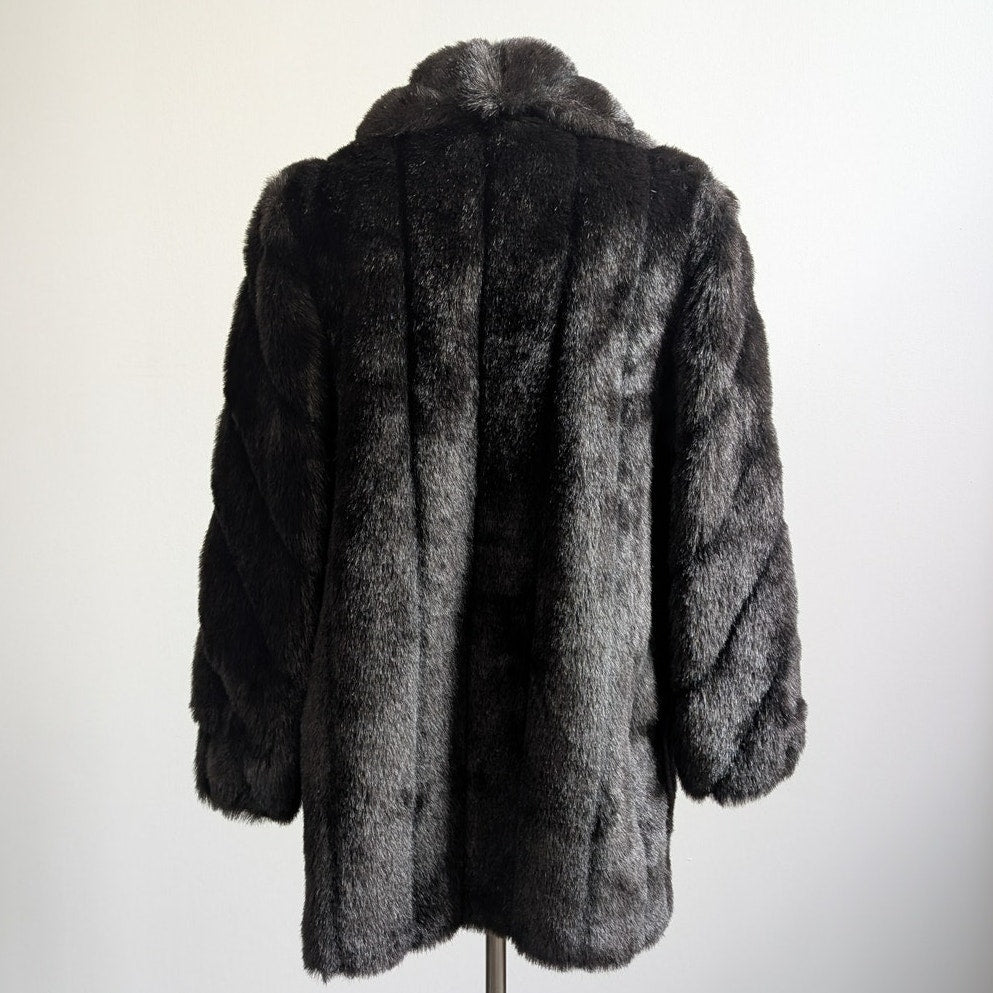 Vintage Black Faux Fur Coat Fur Trim Jacket Mob Wife Minimalist Goth Chic Medium
