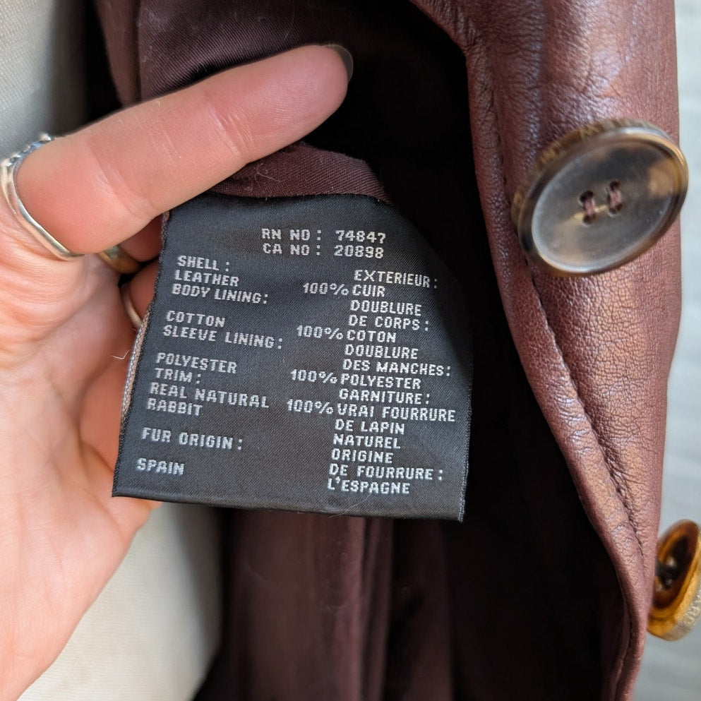 Vintage Burgundy Leather Penny Lane Trench Coat Genuine Fur Grunge Boho Jacket