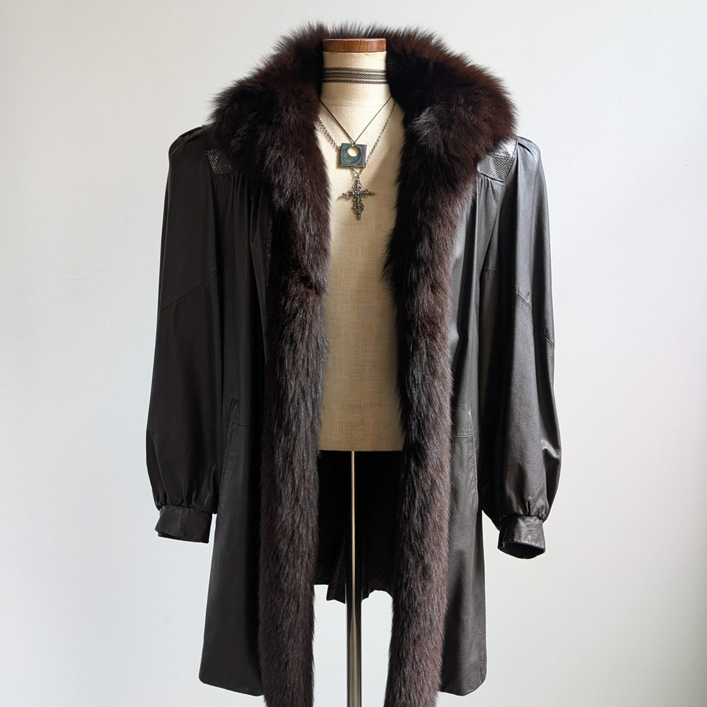 Vintage Black Leather Trench Coat Fur Penny Lane Jacket Goth Minimalist Large