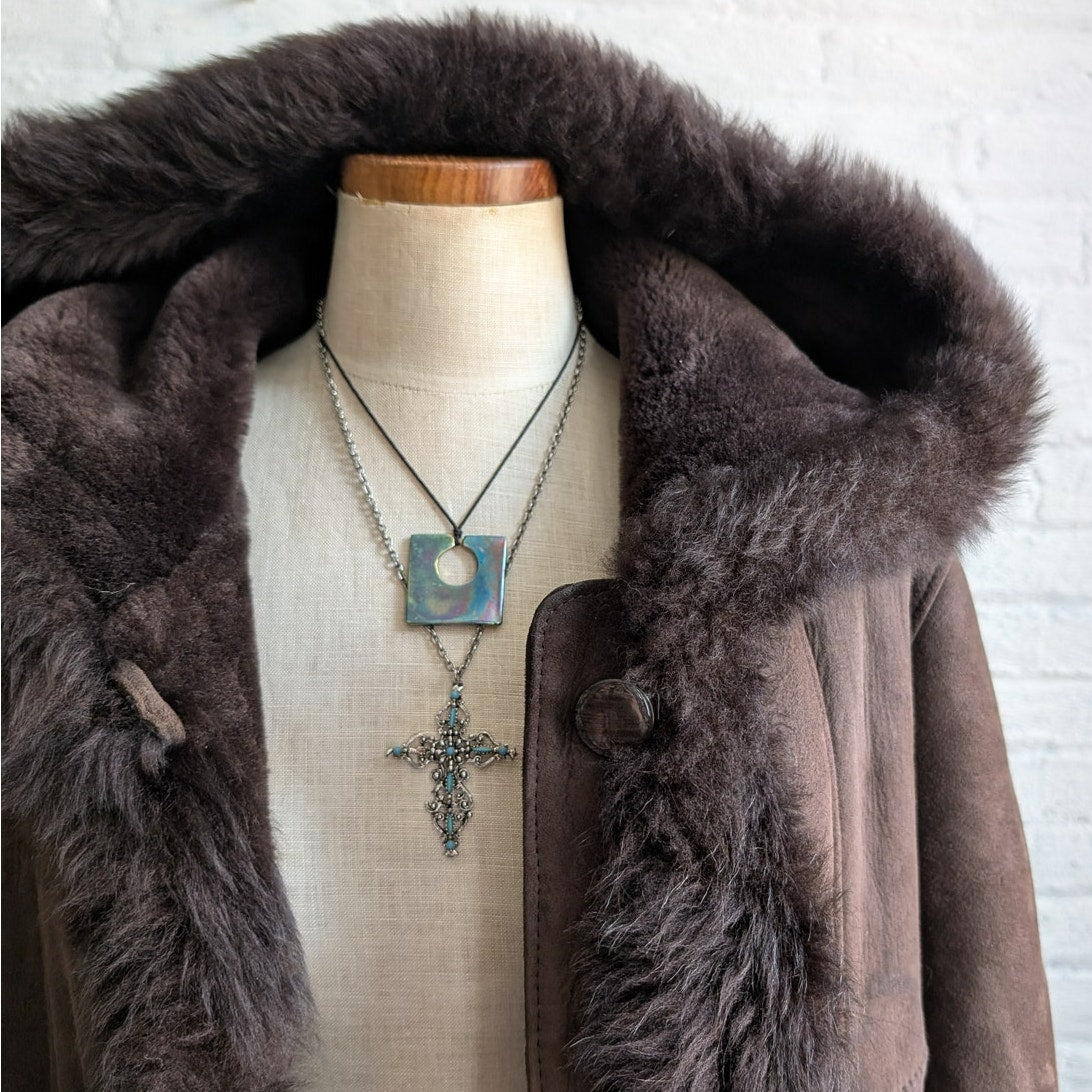 Vintage Brown Suede Fur Jacket Penny Lane Fur Furry Leather Groovy Trench Coat