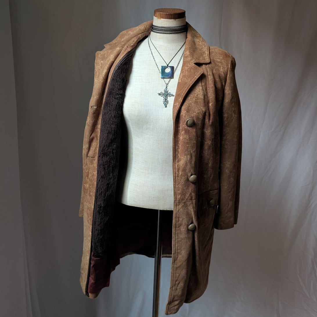 Vintage 70s Orange Brown Suede Leather Trench Coat S Western Boho Duster Jacket