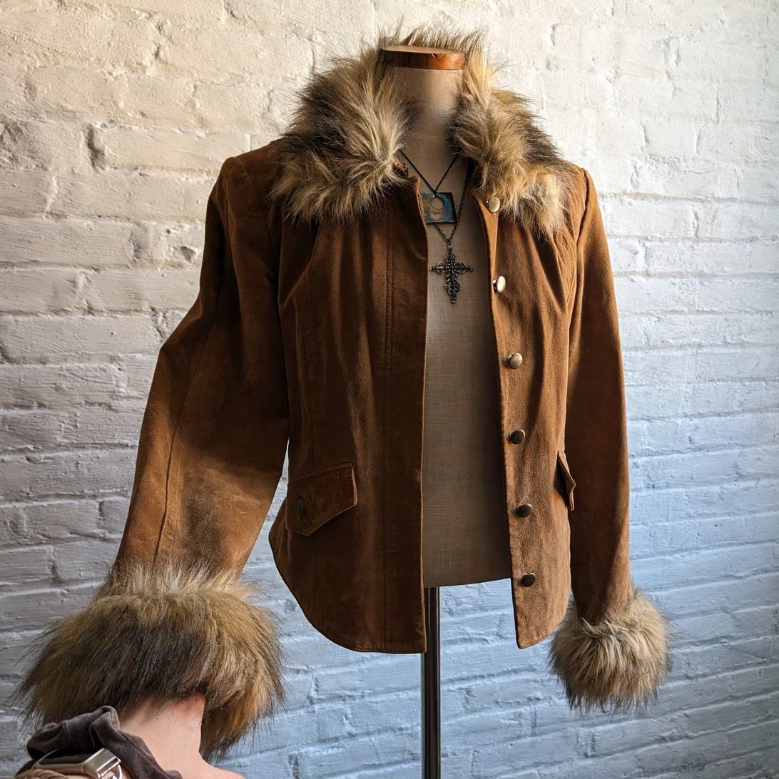 Y2K Vintage Furry Penny Lane Coat Genuine Suede Leather Vegan Fur Shag Jacket