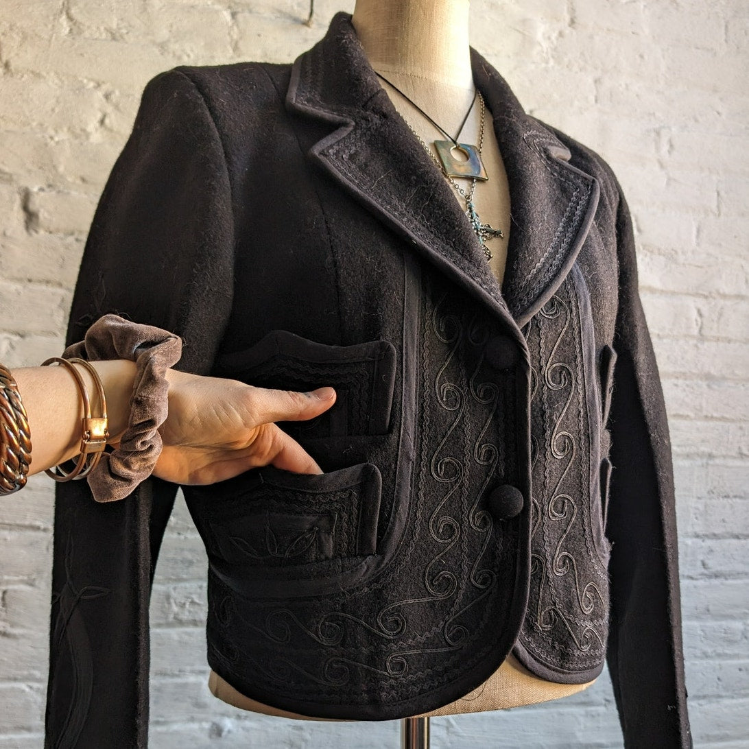 Vintage Black Wool Western Blazer Cropped Jacket Minimalist Coat Cowgirl Medium