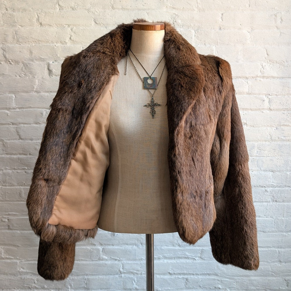 Vintage Brown Rabbit Fur Coat Crop Penny Lane Shaggy Furry Chic Mod Jacket