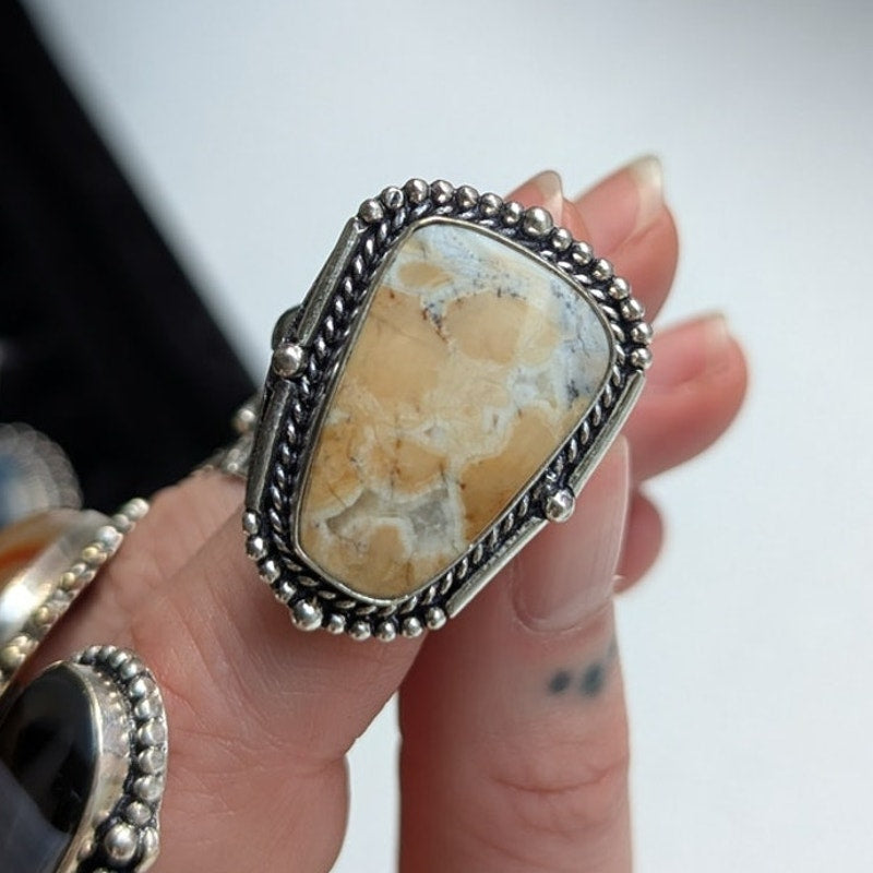 Boho Cowgirl Square Sterling Silver Ring Retro Vintage style Natural Stone Size9