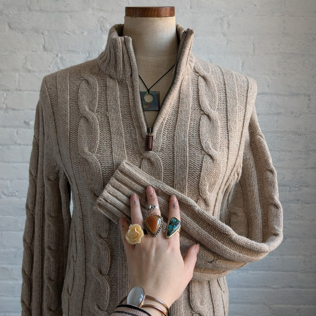 Y2K Neutral Oatmeal Lambswool Cable Knit Sweater Chunky Fisherman Minimalist Top