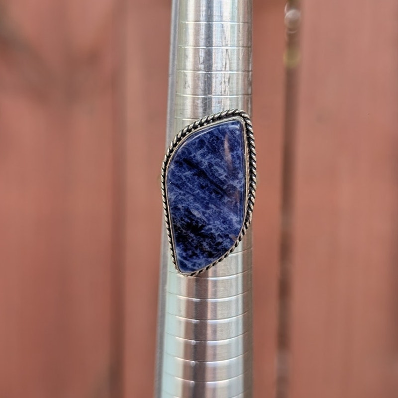 Vintage Silver Chunky Statement Ring Sz 9.5 Navy Blue Moody Groovy Southwest