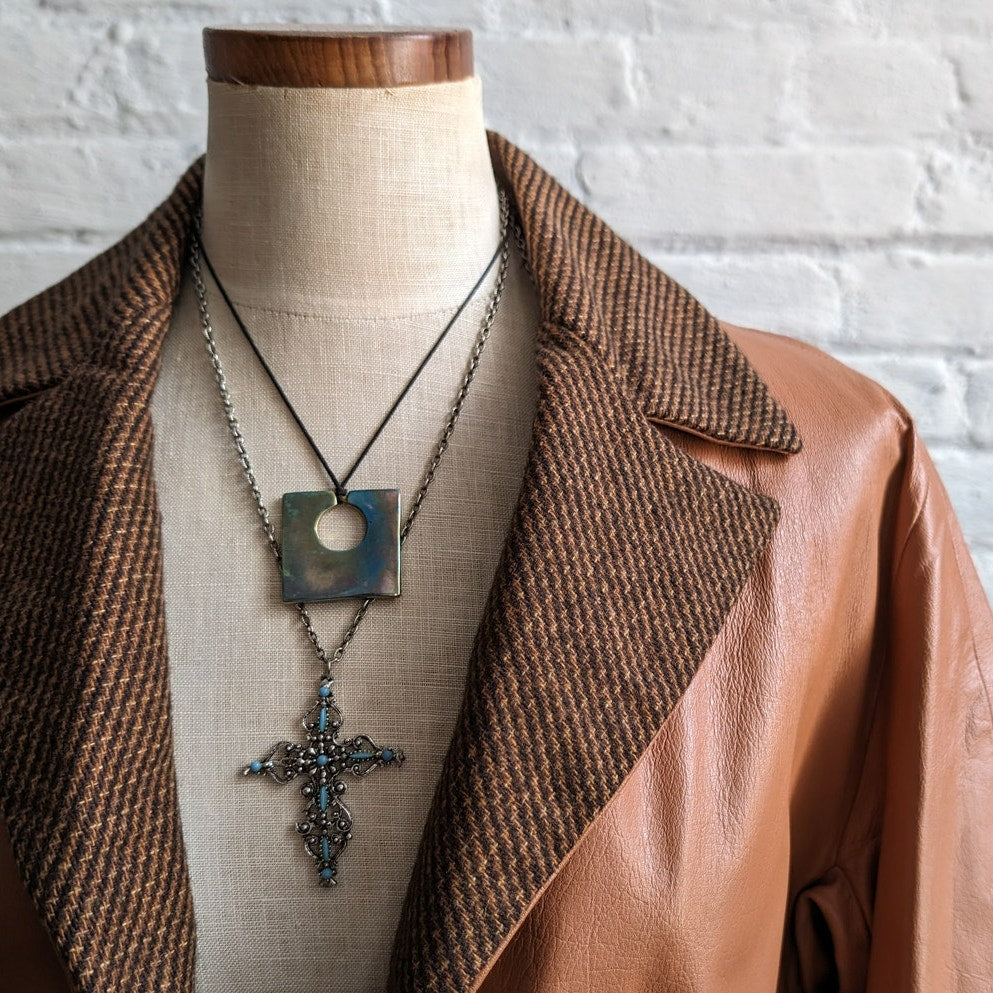 Vintage Brown Leather Jacket Rusty Orange Cropped Preppy Blazer Tweed Coat Small