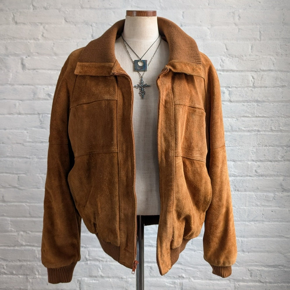 Vintage Orange Genuine Suede Leather Bomber Jacket Rusty Red Western Chore Coat