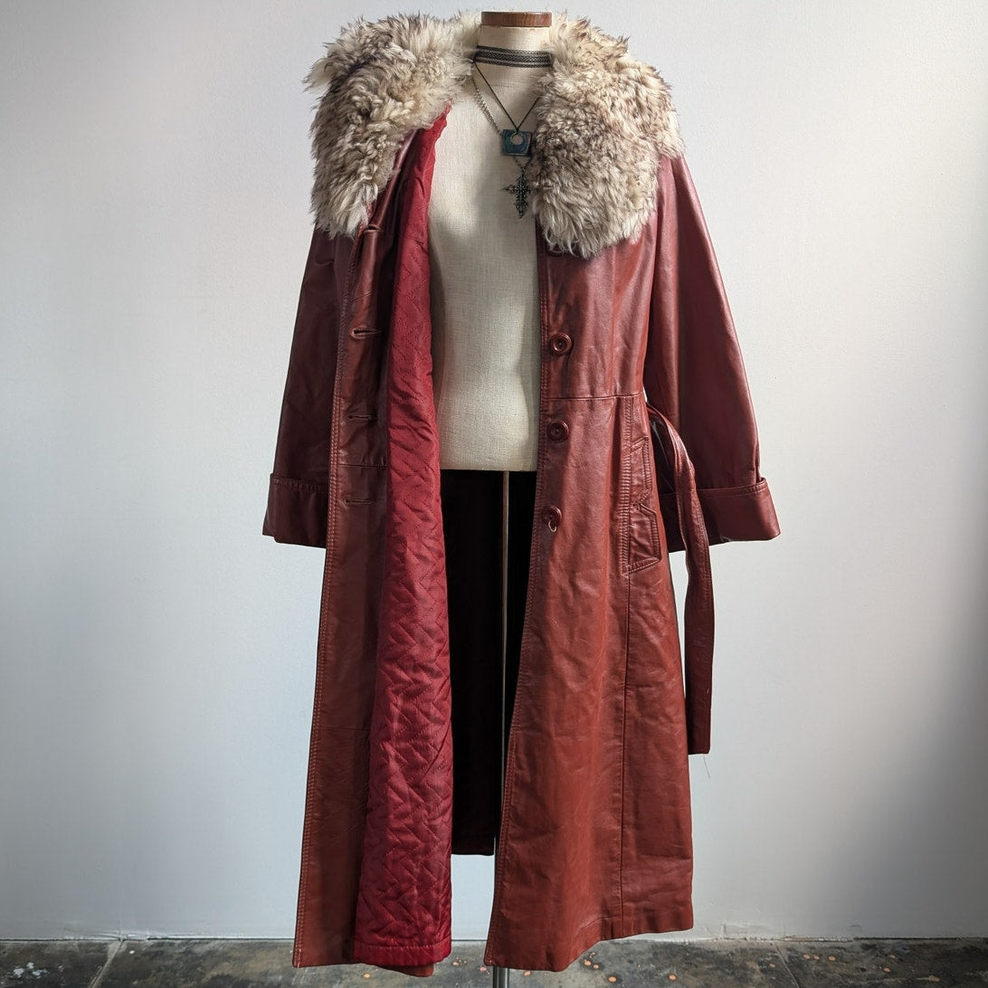 Vintage Leather Jacket Fur Trim Red 70s Penny Lane Boho Trench Afghan Coat Large