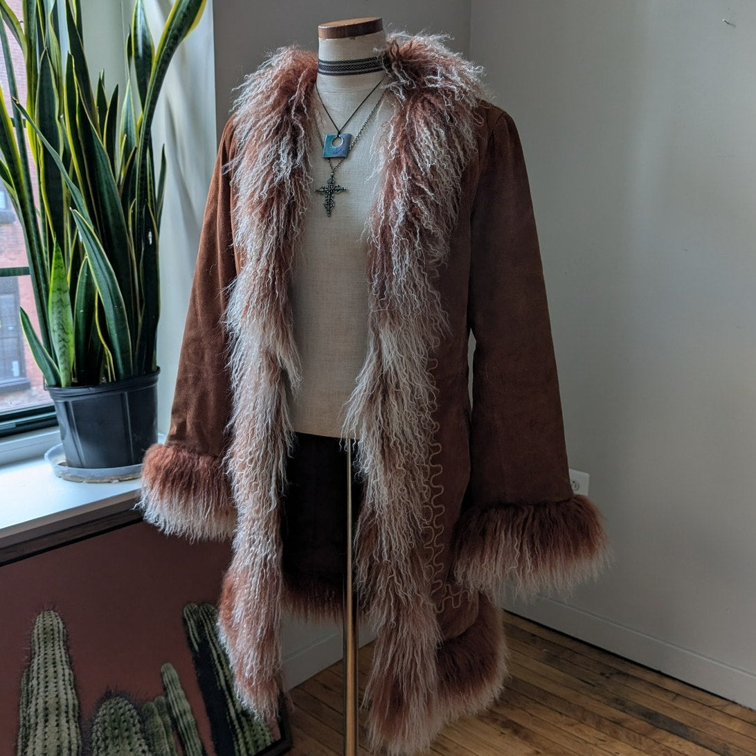 Vintage Rusty Brown Suede Coat Penny Lane Trench Groovy Fur Jacket Afghan Medium