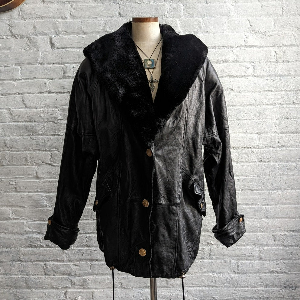 Vintage Black Genuine Leather Biker Jacket Hooded Faux Fur Grunge Duster Coat