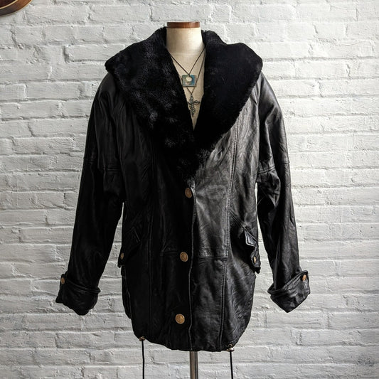 Vintage Black Genuine Leather Biker Jacket Hooded Faux Fur Grunge Duster Coat