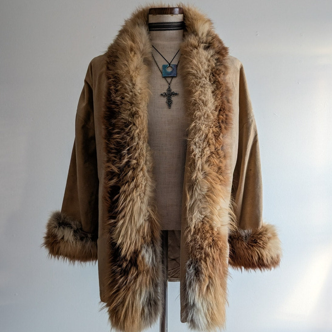 Vintage Tan Brown Afghan Jacket M 70s Shaggy Penny Lane Coat Red Fox Fur Trim