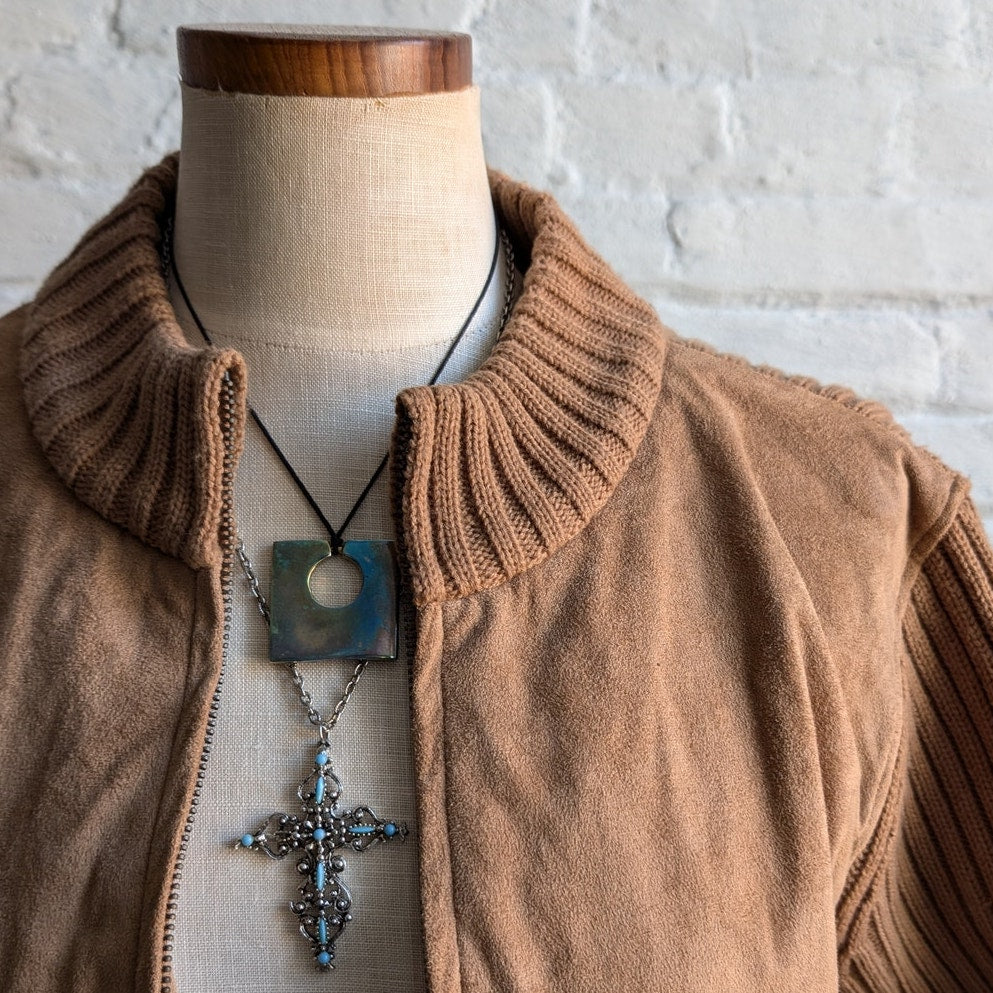 90s Vintage Brown Suede Jacket Vegan Knit Shacket Cozy Boho Western Cardigan