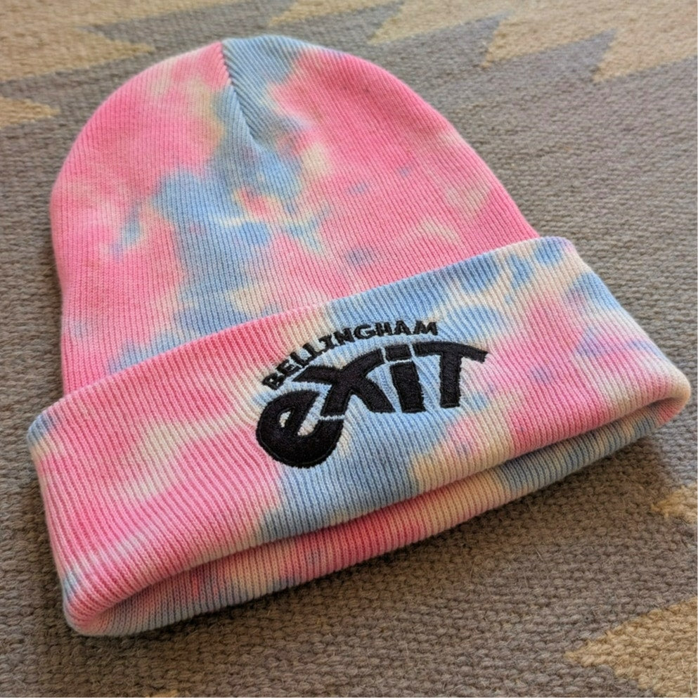 Tie Dye Beanie Pink Blue Cotton Knit Festival Hat Embroidered Exit Bellingham