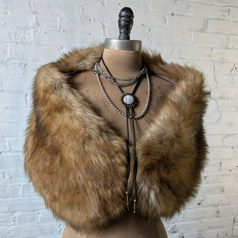 Vintage Faux Fur Brown Stole Luxury Scarf Boho Chic Shawl Bridal Fuzzy Shrug