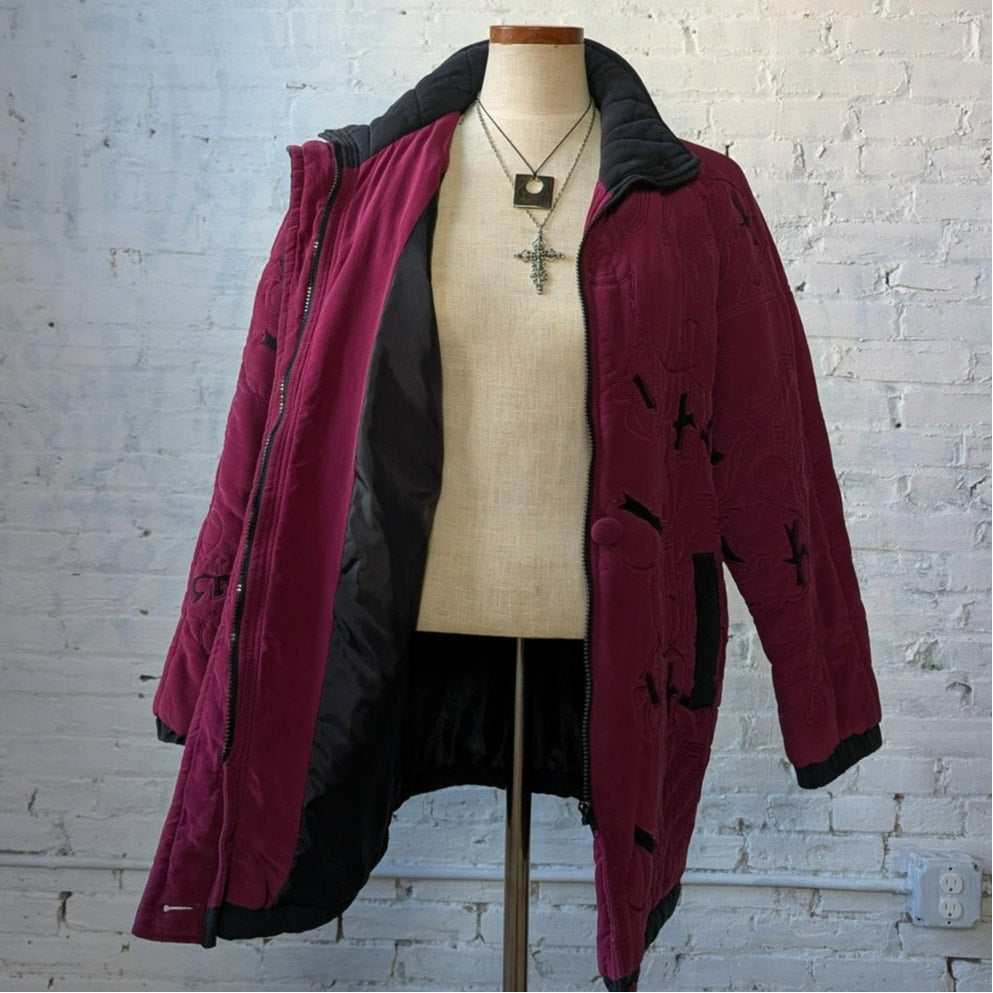 Vintage Purple Silk Jacket Embroidered Quilted Utility Boho Blanket Coat Small